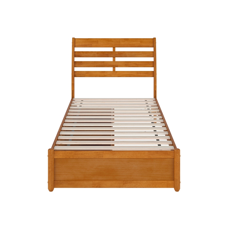 Emelie Wood Twin Platform Bed Panel Footboard & Storage Drawers in Light Toffee