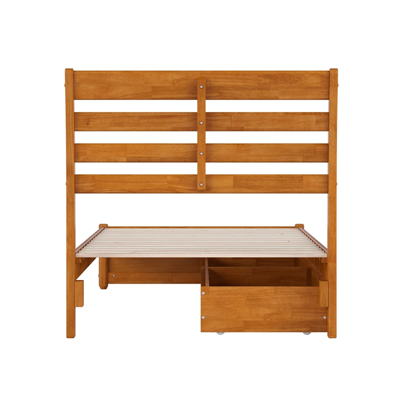 Emelie Wood Twin Platform Bed Panel Footboard & Storage Drawers in Light Toffee