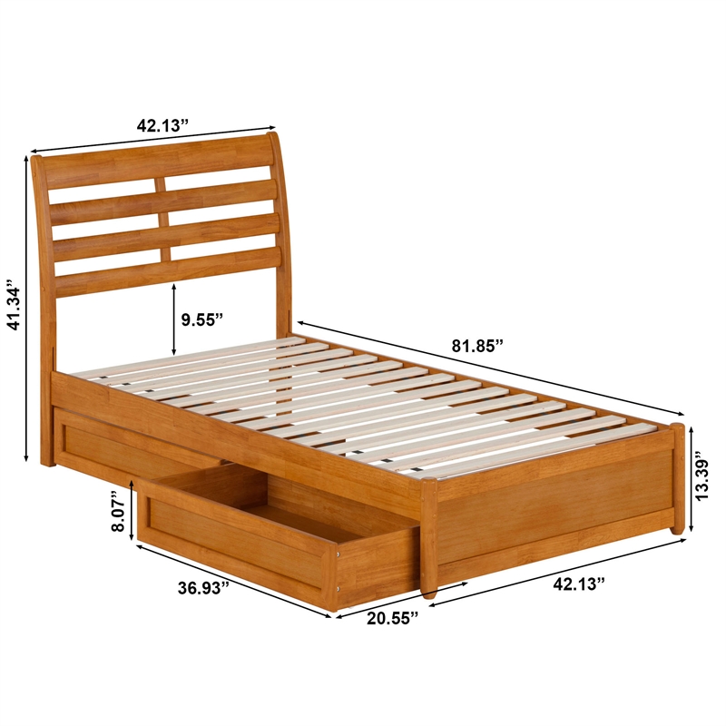 Emelie Wood Twin Platform Bed Panel Footboard & Storage Drawers in Light Toffee