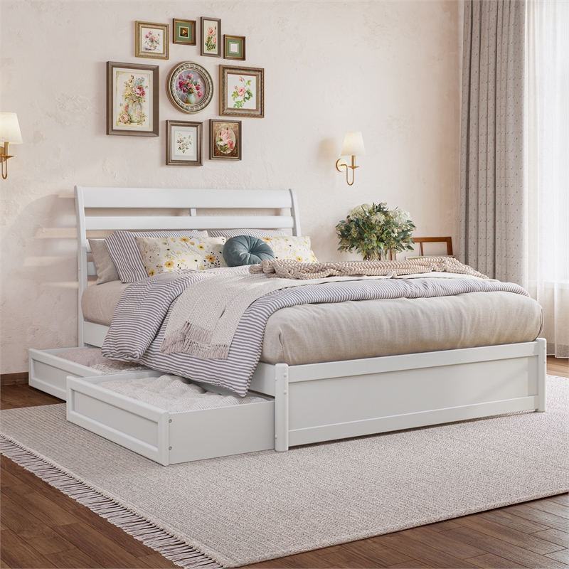 Emelie Full Wood Platform Bed with Panel Footboard and Storage Drawers in White