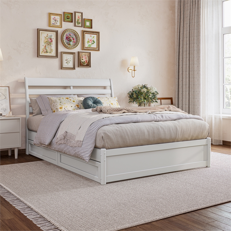 Emelie Full Wood Platform Bed with Panel Footboard and Storage Drawers in White