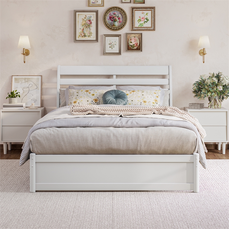 Emelie Full Wood Platform Bed with Panel Footboard and Storage Drawers in White