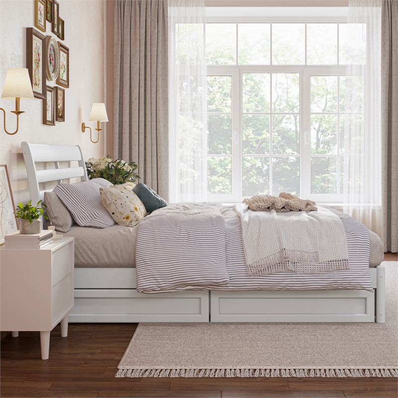 Emelie Full Wood Platform Bed with Panel Footboard and Storage Drawers in White
