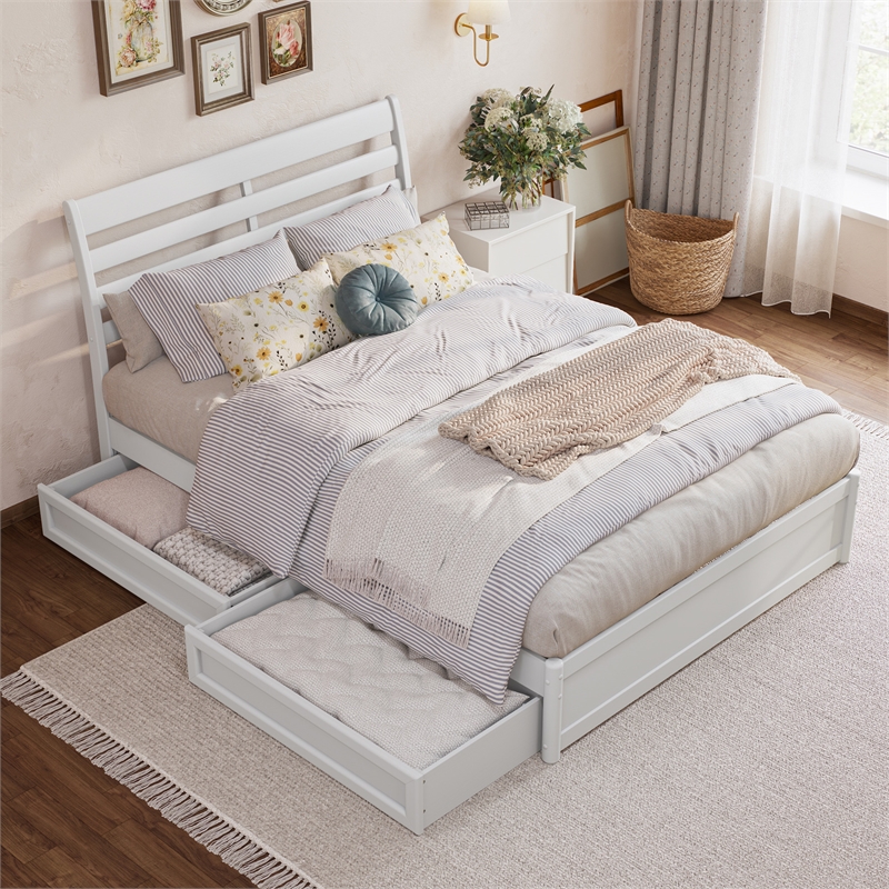 Emelie Full Wood Platform Bed with Panel Footboard and Storage Drawers in White