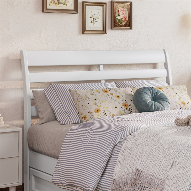 Emelie Full Wood Platform Bed with Panel Footboard and Storage Drawers in White