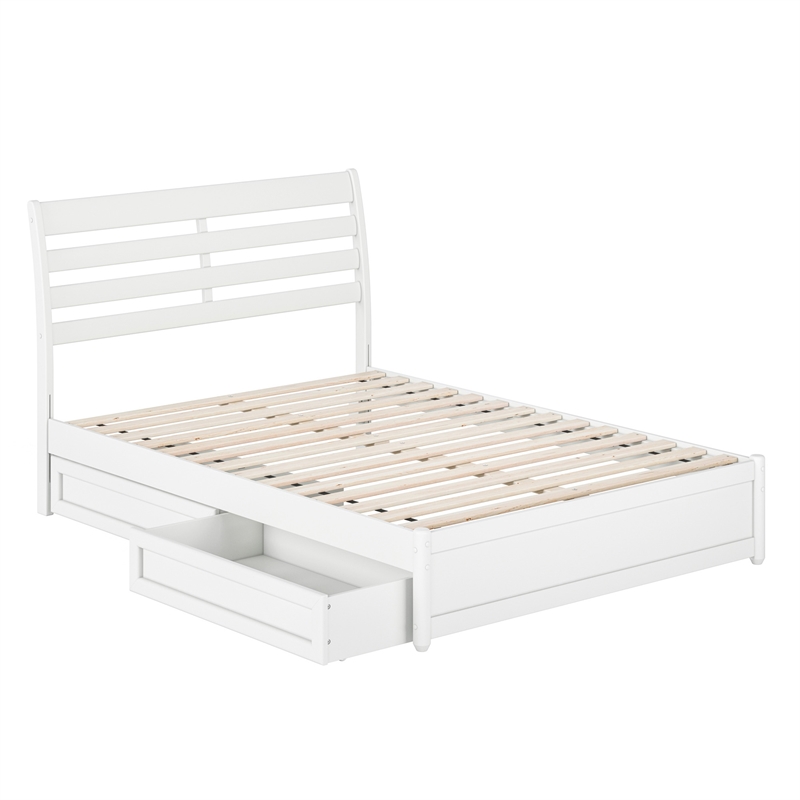 Emelie Full Wood Platform Bed with Panel Footboard and Storage Drawers in White
