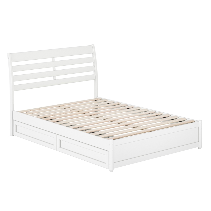Emelie Full Wood Platform Bed with Panel Footboard and Storage Drawers in White