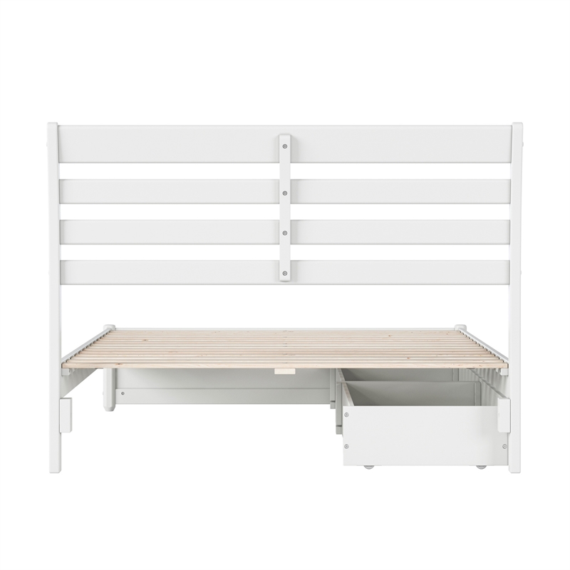 Emelie Full Wood Platform Bed with Panel Footboard and Storage Drawers in White