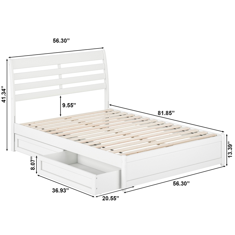 Emelie Full Wood Platform Bed with Panel Footboard and Storage Drawers in White