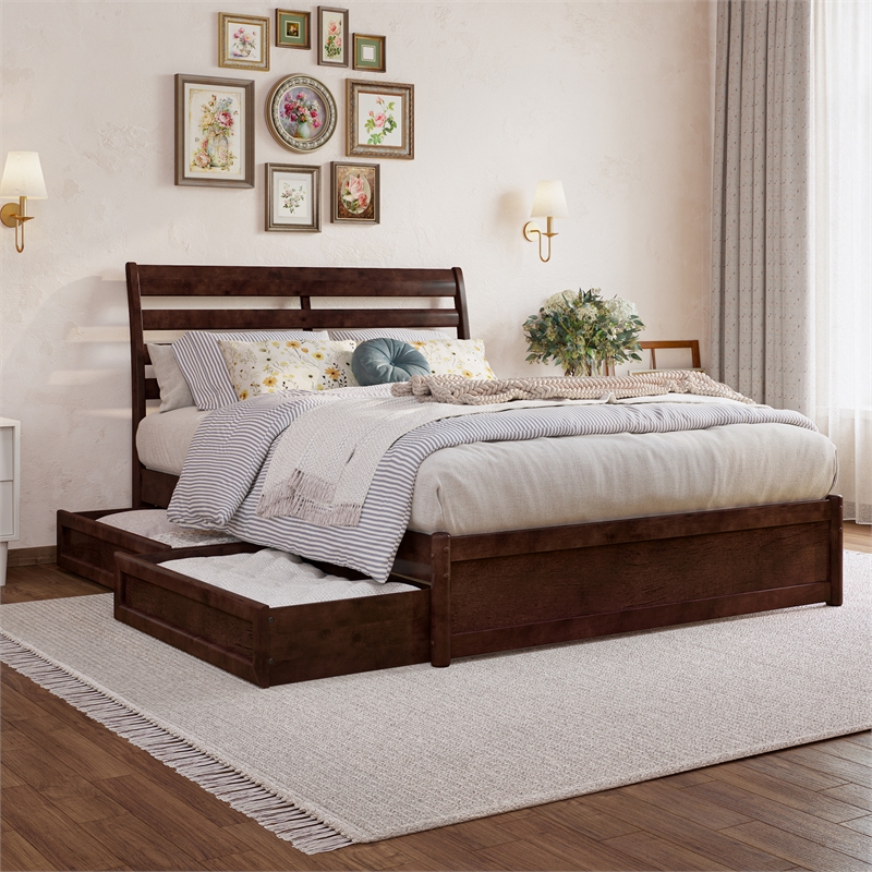 Emelie Full Platform Bed with Panel Footboard & 2 Storage Drawers in Walnut