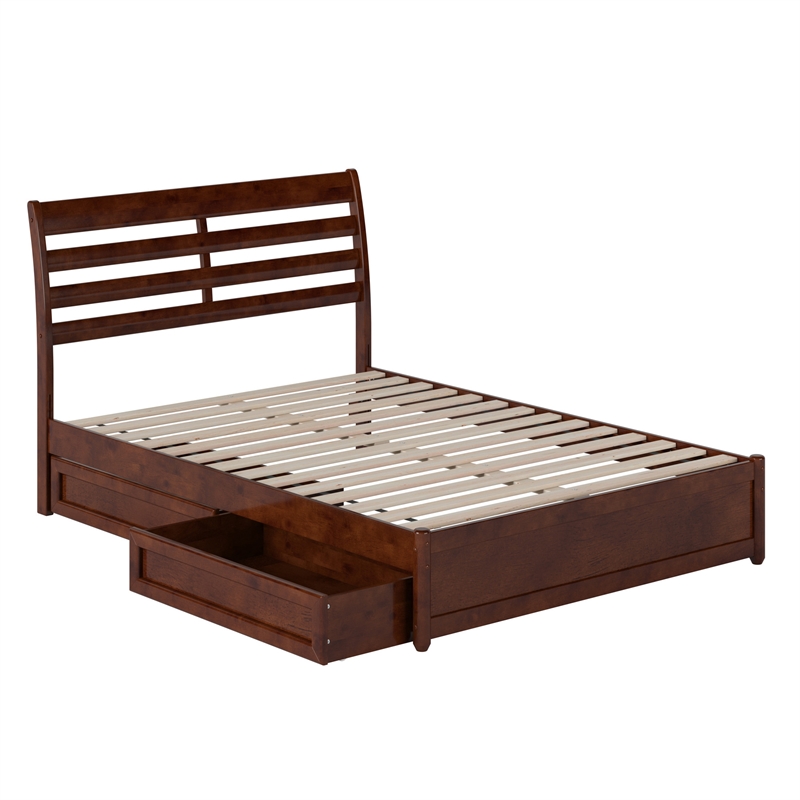 Emelie Full Platform Bed with Panel Footboard & 2 Storage Drawers in Walnut