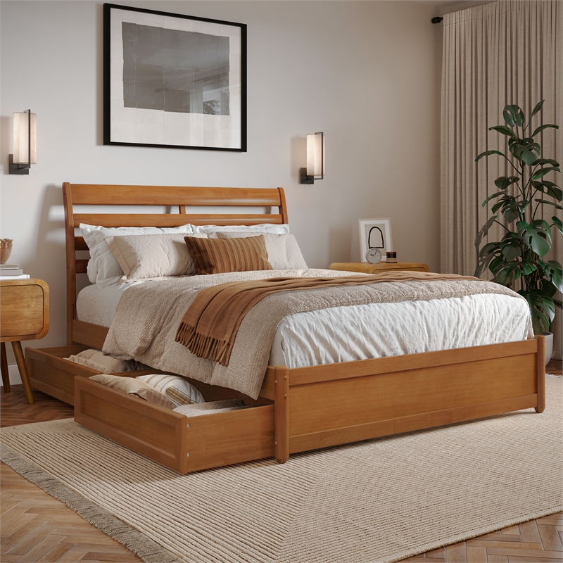 Emelie Full Wood Platform Bed with Panel Footboard & Drawers in Light Toffee