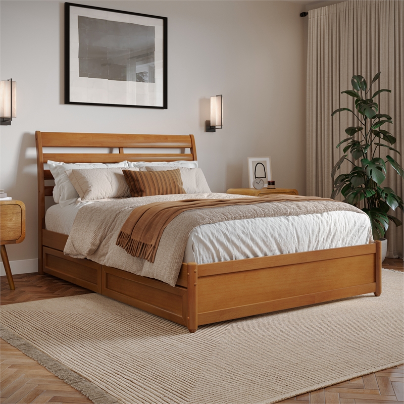 Emelie Full Wood Platform Bed with Panel Footboard & Drawers in Light Toffee