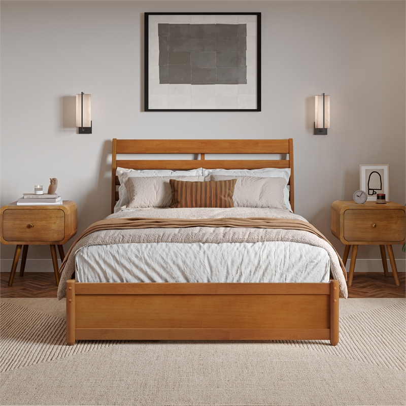 Emelie Full Wood Platform Bed with Panel Footboard & Drawers in Light Toffee