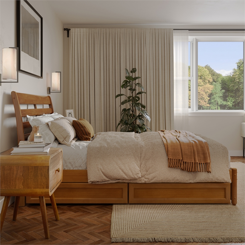 Emelie Full Wood Platform Bed with Panel Footboard & Drawers in Light Toffee