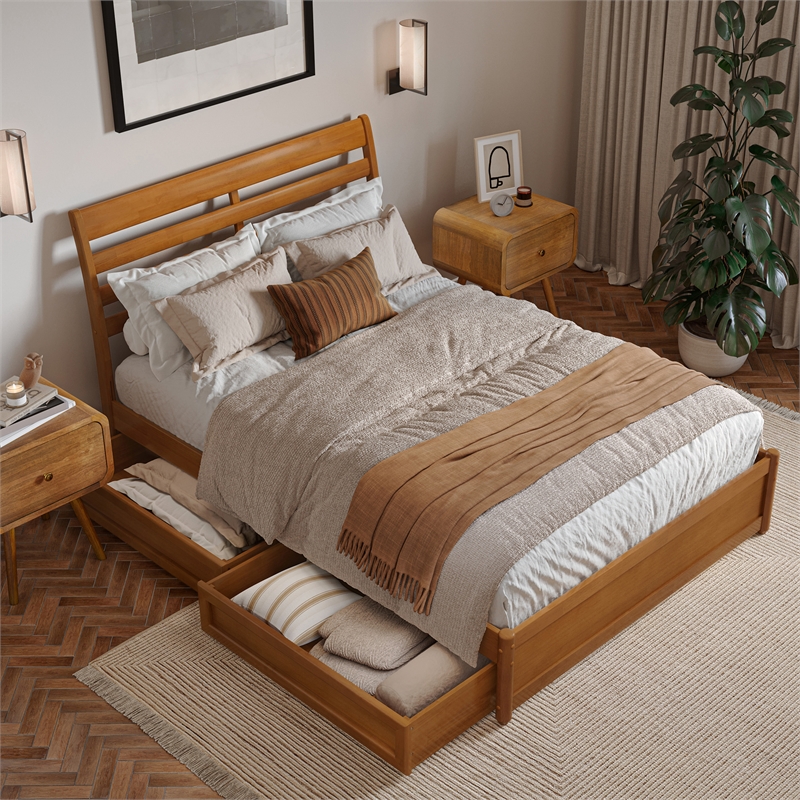 Emelie Full Wood Platform Bed with Panel Footboard & Drawers in Light Toffee