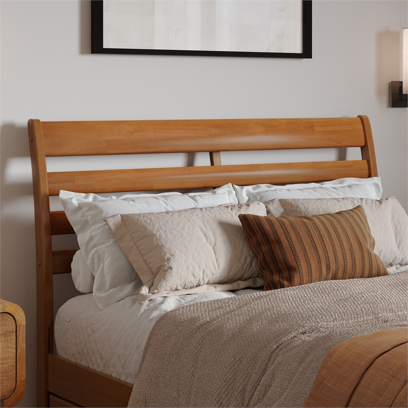 Emelie Full Wood Platform Bed with Panel Footboard & Drawers in Light Toffee