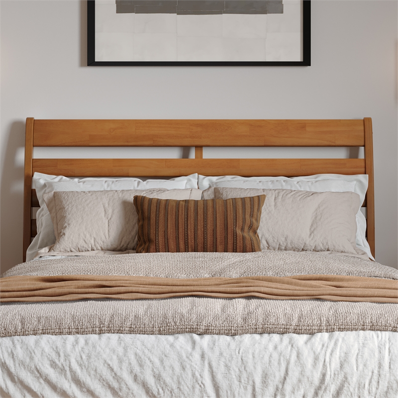 Emelie Full Wood Platform Bed with Panel Footboard & Drawers in Light Toffee