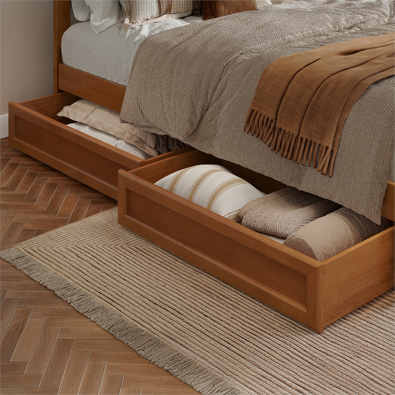 Emelie Full Wood Platform Bed with Panel Footboard & Drawers in Light Toffee