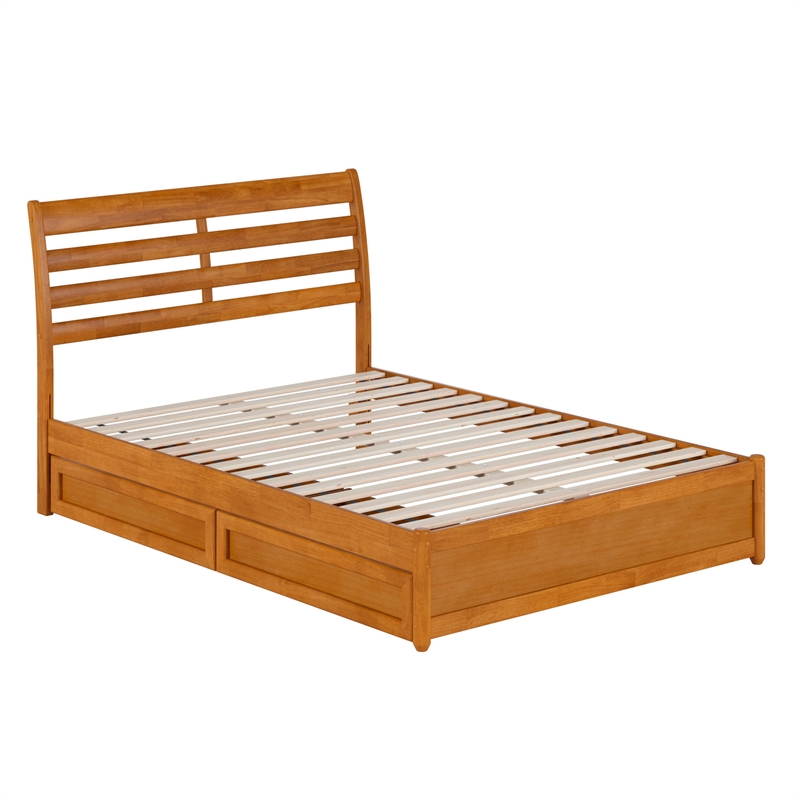 Emelie Full Wood Platform Bed with Panel Footboard & Drawers in Light Toffee