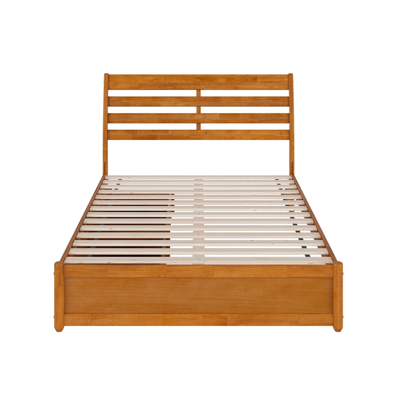 Emelie Full Wood Platform Bed with Panel Footboard & Drawers in Light Toffee