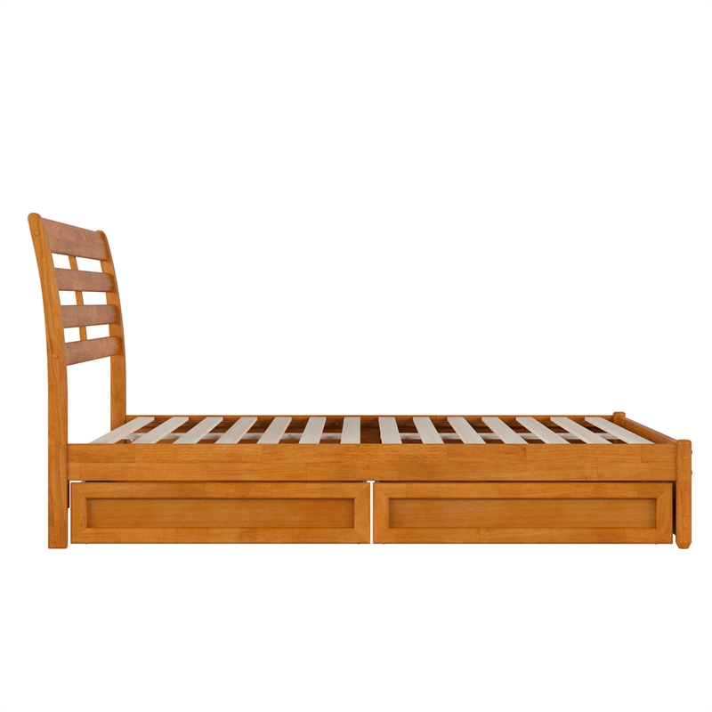 Emelie Full Wood Platform Bed with Panel Footboard & Drawers in Light Toffee