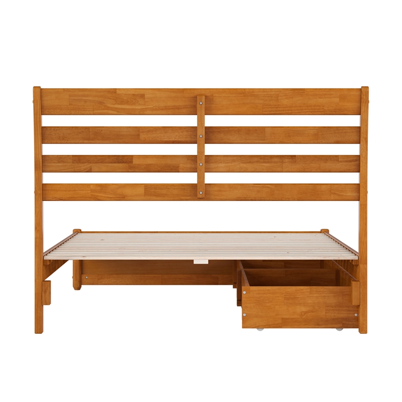 Emelie Full Wood Platform Bed with Panel Footboard & Drawers in Light Toffee