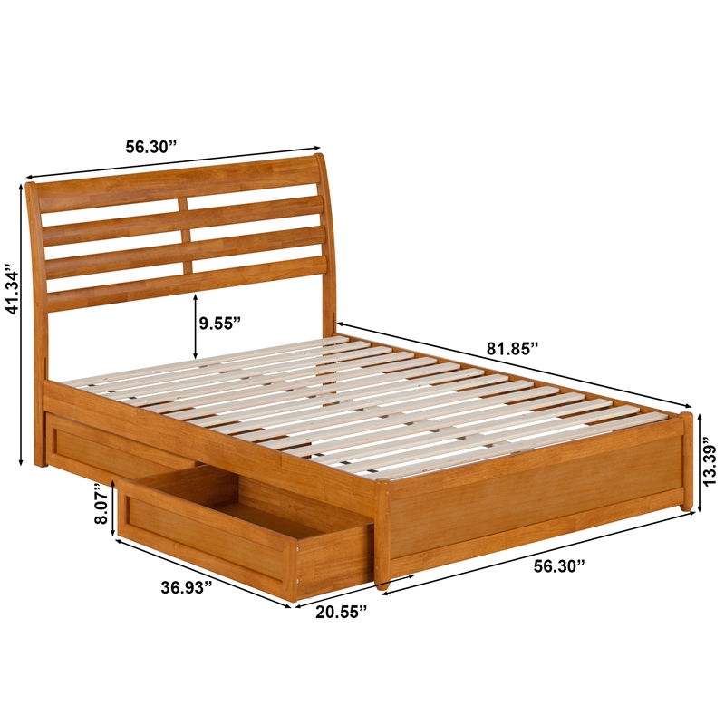 Emelie Full Wood Platform Bed with Panel Footboard & Drawers in Light Toffee