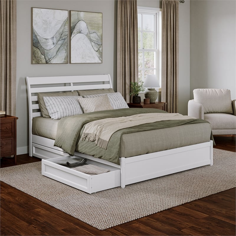 Emelie Queen Wood Platform Bed with Panel Footboard and Storage Drawers in White