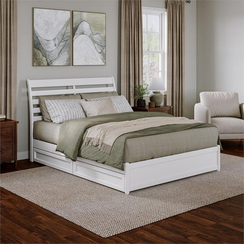 Emelie Queen Wood Platform Bed with Panel Footboard and Storage Drawers in White