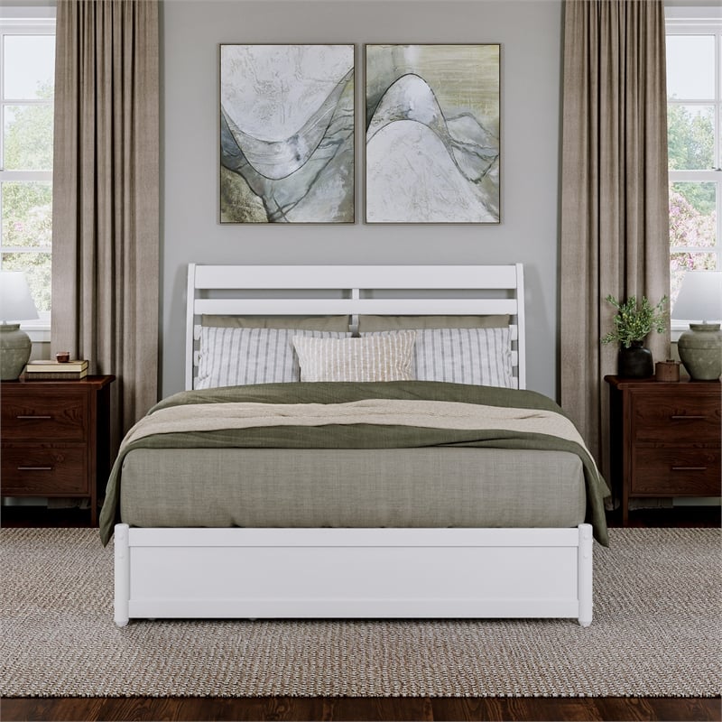 Emelie Queen Wood Platform Bed with Panel Footboard and Storage Drawers in White