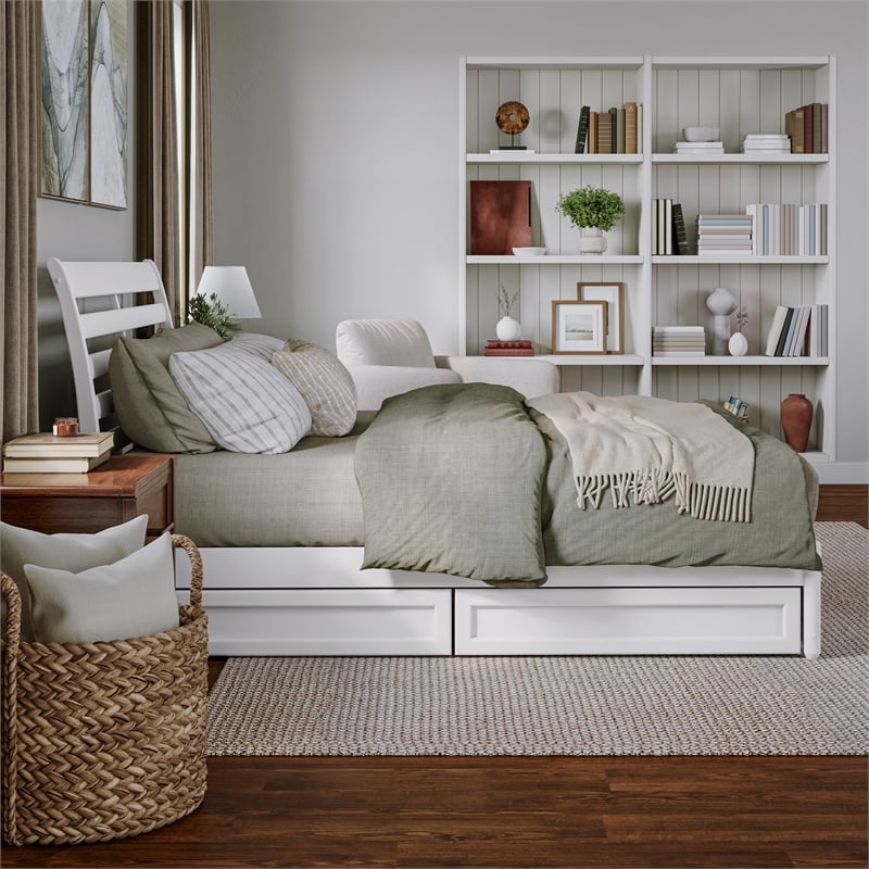 Emelie Queen Wood Platform Bed with Panel Footboard and Storage Drawers in White
