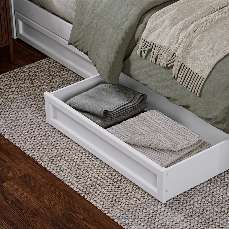 Emelie Queen Wood Platform Bed with Panel Footboard and Storage Drawers in White