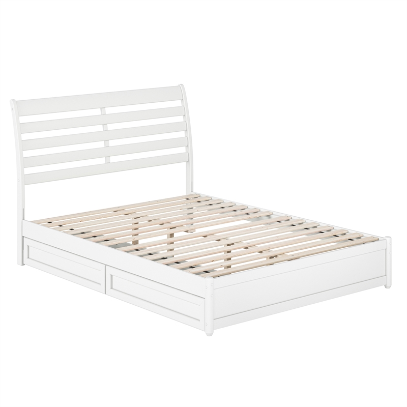 Emelie Queen Wood Platform Bed with Panel Footboard and Storage Drawers in White