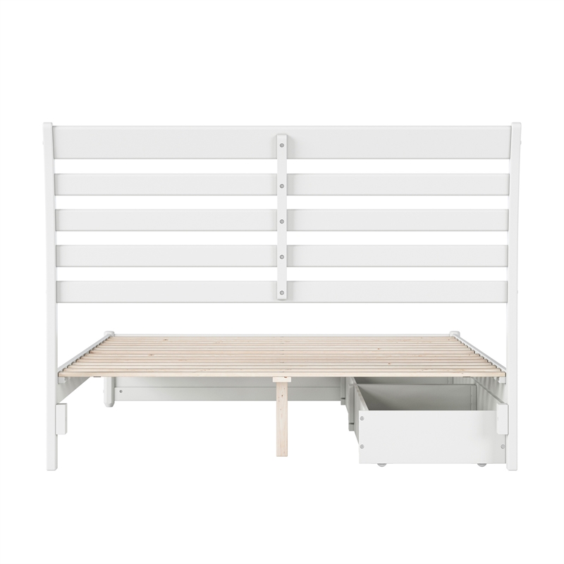 Emelie Queen Wood Platform Bed with Panel Footboard and Storage Drawers in White