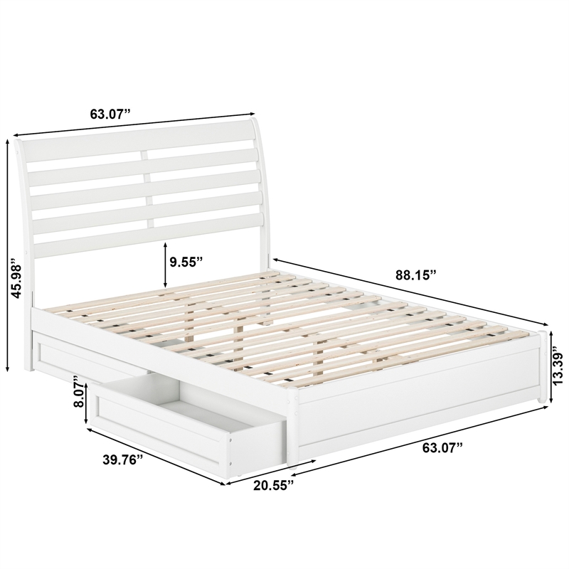 Emelie Queen Wood Platform Bed with Panel Footboard and Storage Drawers in White