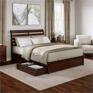 Emelie Queen Wood Platform Bed with Panel Footboard & Storage Drawers in Walnut