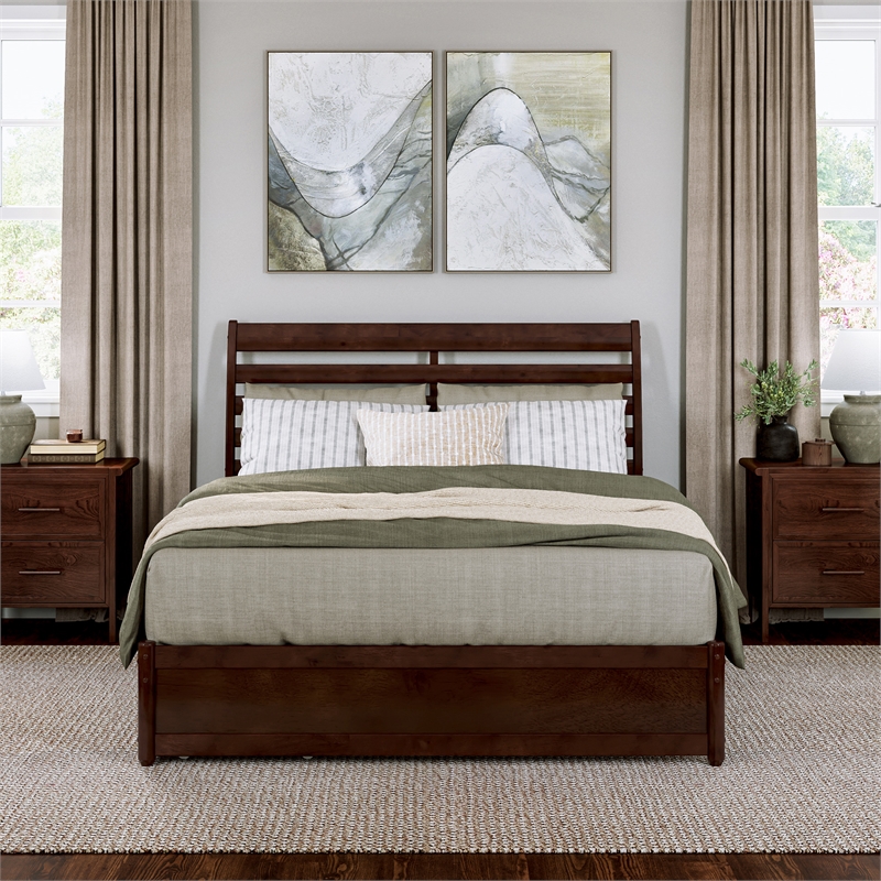 Emelie Wood Queen Platform Bed with Panel Footboard & Storage Drawers in Walnut