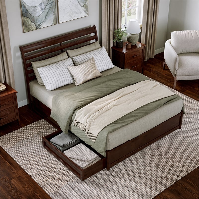 Emelie Wood Queen Platform Bed with Panel Footboard & Storage Drawers in Walnut
