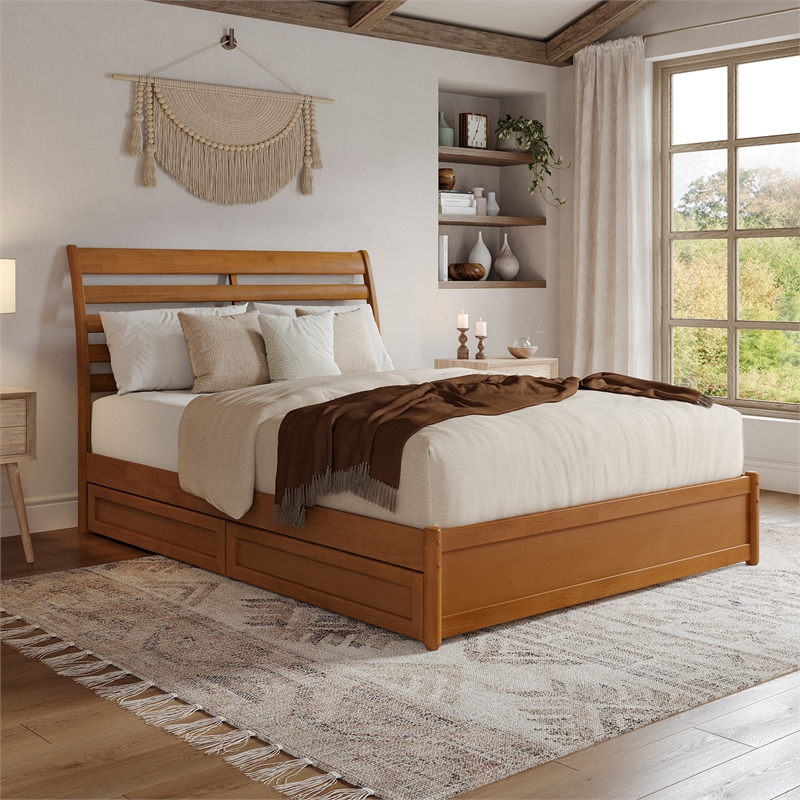 Emelie Wood Queen Platform Bed Panel Footboard & Storage Drawers in Light Toffee