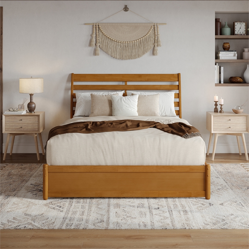 Emelie Wood Queen Platform Bed Panel Footboard & Storage Drawers in Light Toffee