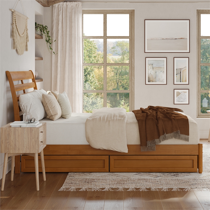 Emelie Wood Queen Platform Bed Panel Footboard & Storage Drawers in Light Toffee