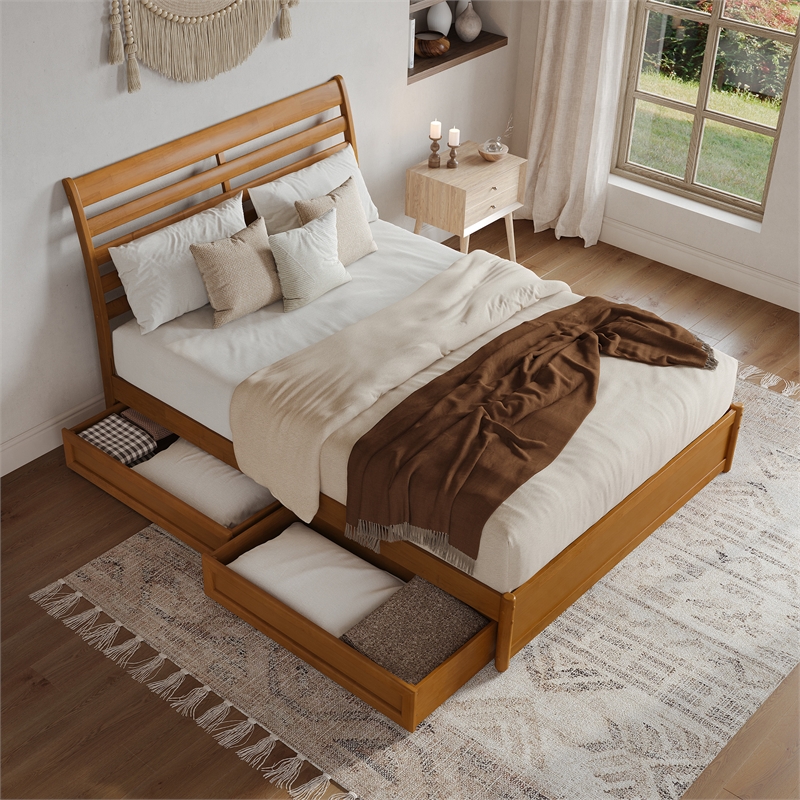 Emelie Wood Queen Platform Bed Panel Footboard & Storage Drawers in Light Toffee