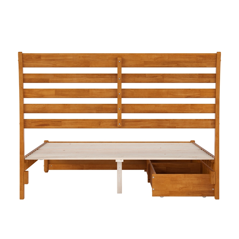 Emelie Wood Queen Platform Bed Panel Footboard & Storage Drawers in Light Toffee