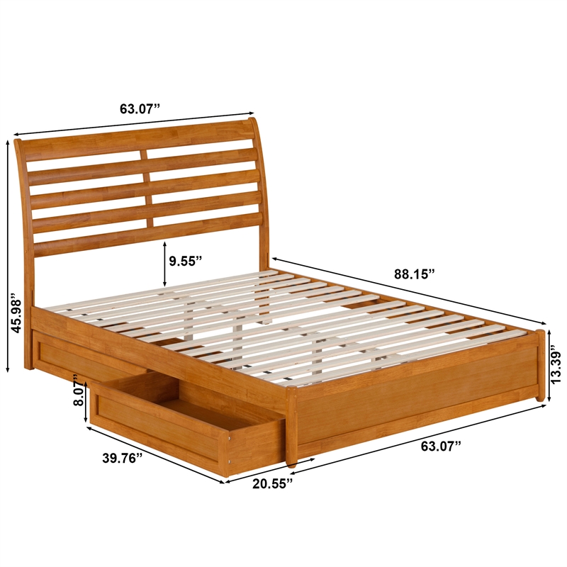 Emelie Wood Queen Platform Bed Panel Footboard & Storage Drawers in Light Toffee