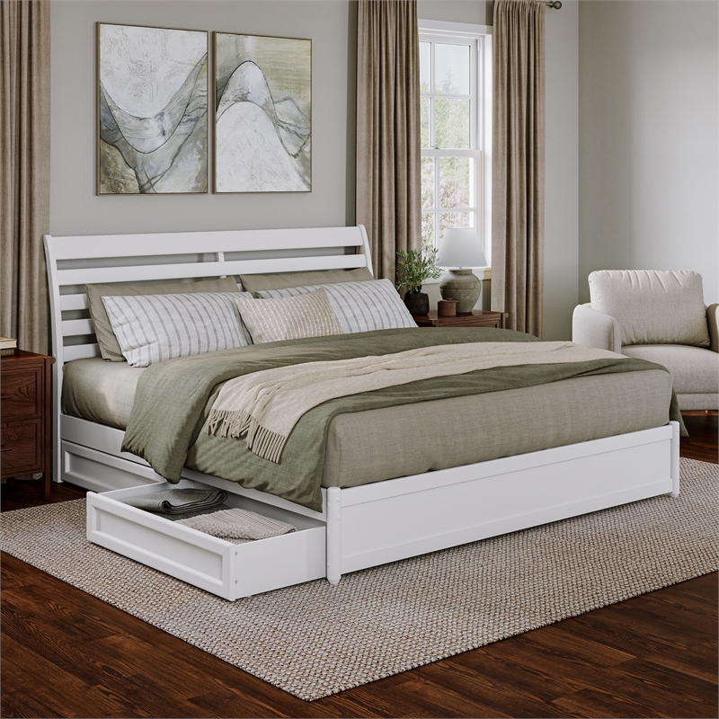 Emelie King Wood Platform Bed with Panel Footboard and Storage Drawers in White