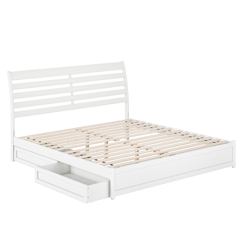 Emelie King Wood Platform Bed with Panel Footboard and Storage Drawers in White