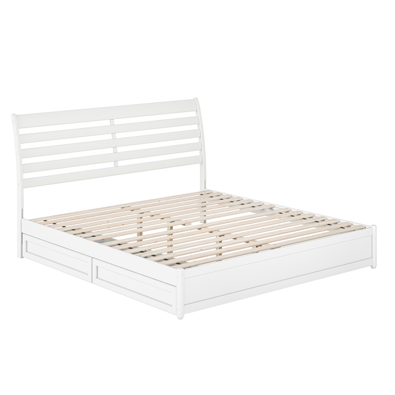 Emelie King Wood Platform Bed with Panel Footboard and Storage Drawers in White