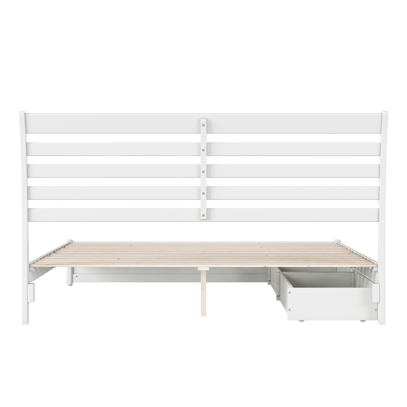 Emelie King Wood Platform Bed with Panel Footboard and Storage Drawers in White