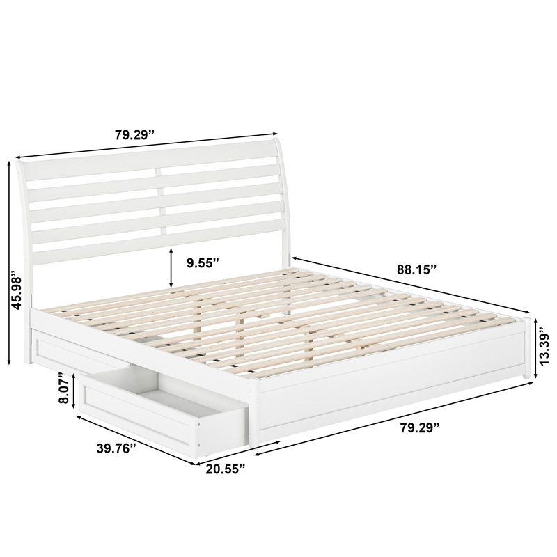 Emelie King Wood Platform Bed with Panel Footboard and Storage Drawers in White